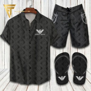Giorgio Armani Logo Hawaiian Shirt Beach Shorts And Flip Flops