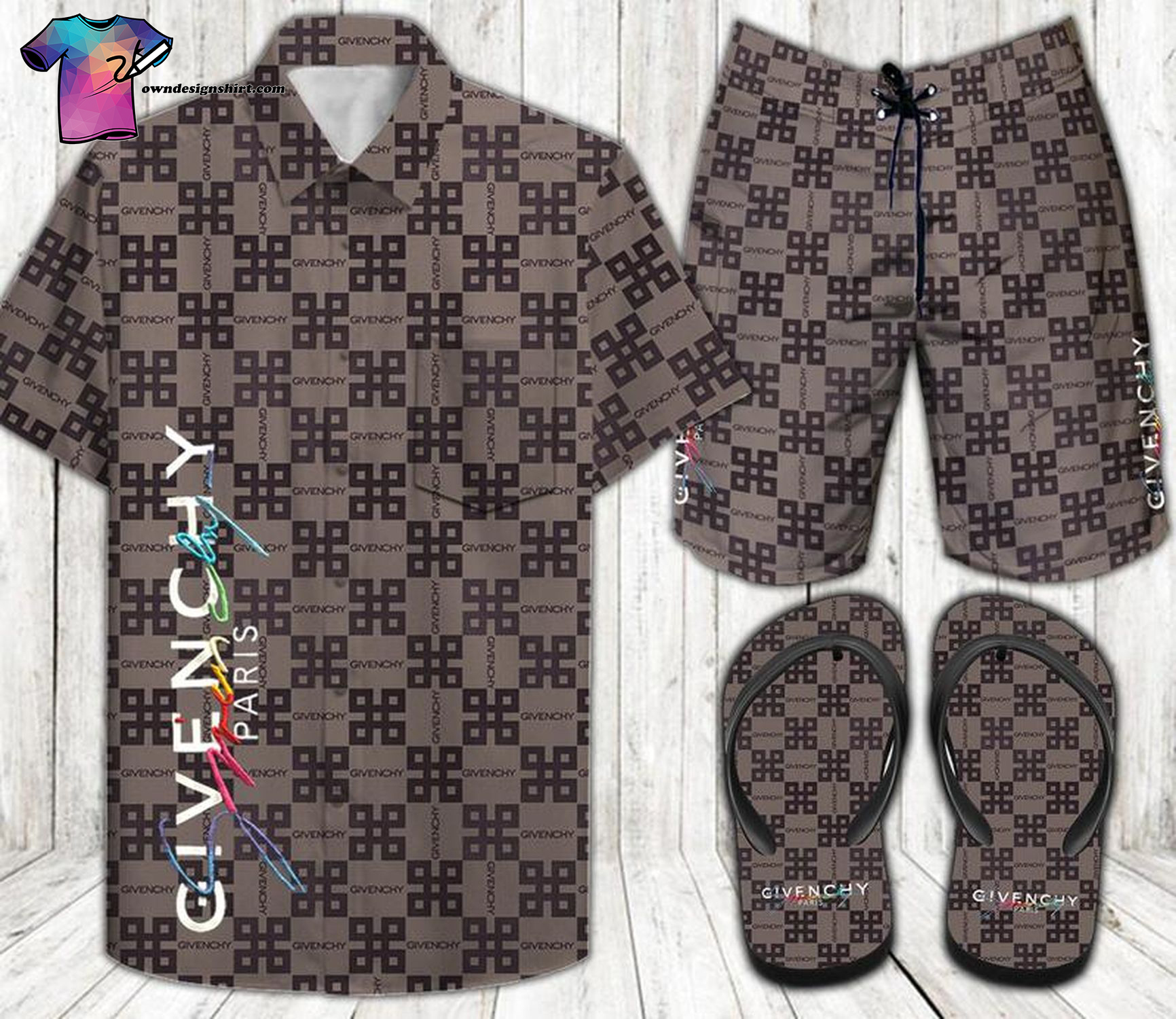 Givenchy Multicolor Full Print Hawaiian Shirt Beach Shorts And Flip Flops Givenchy Multicolor Full Print Hawaiian Shirt Beach Shorts And Flip Flops