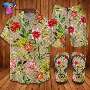 Gucci Bee And Flower Full Print Hawaiian Shirt Beach Shorts And Flip Flops