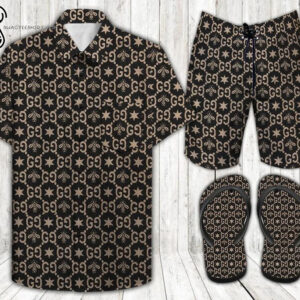 Gucci Bee Black Version All Over Print Hawaiian Shirt Beach Shorts And Flip Flops