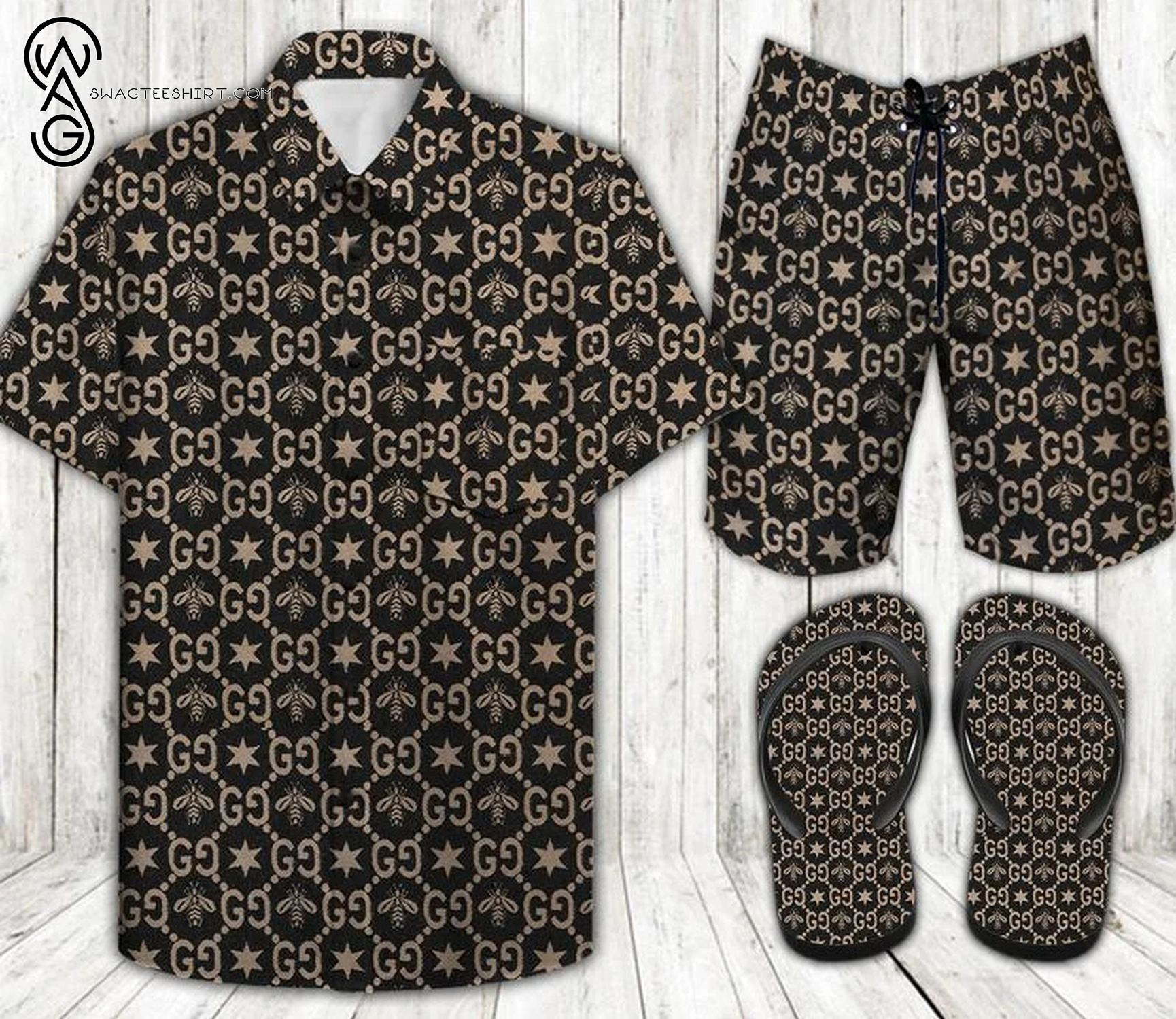 Gucci Bee Black Version All Over Print Hawaiian Shirt Beach Shorts And Flip Flops Gucci Bee Black Version All Over Print Hawaiian Shirt Beach Shorts And Flip Flops