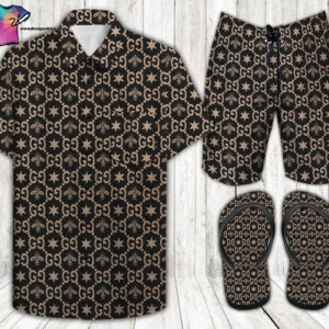 Gucci Bee Black Version Full Print Hawaiian Shirt Beach Shorts And Flip Flops