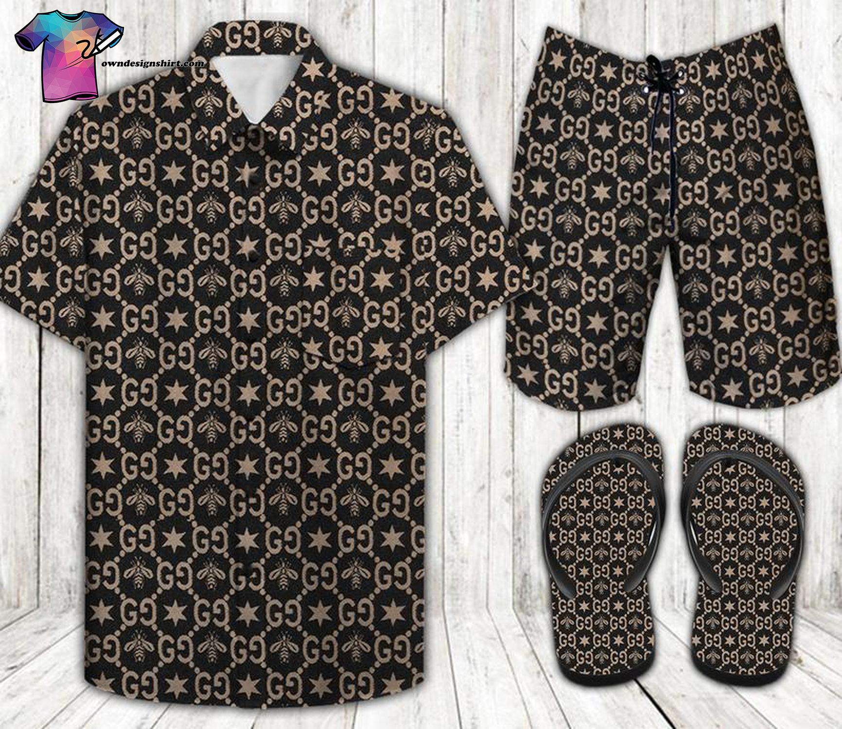 Gucci Bee Black Version Full Print Hawaiian Shirt Beach Shorts And Flip Flops Gucci Bee Black Version Full Print Hawaiian Shirt Beach Shorts And Flip Flops