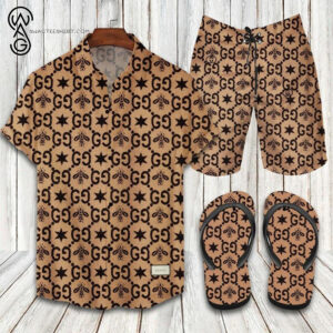 Gucci Bee Brown Logo All Over Print Hawaiian Shirt Beach Shorts And Flip Flops