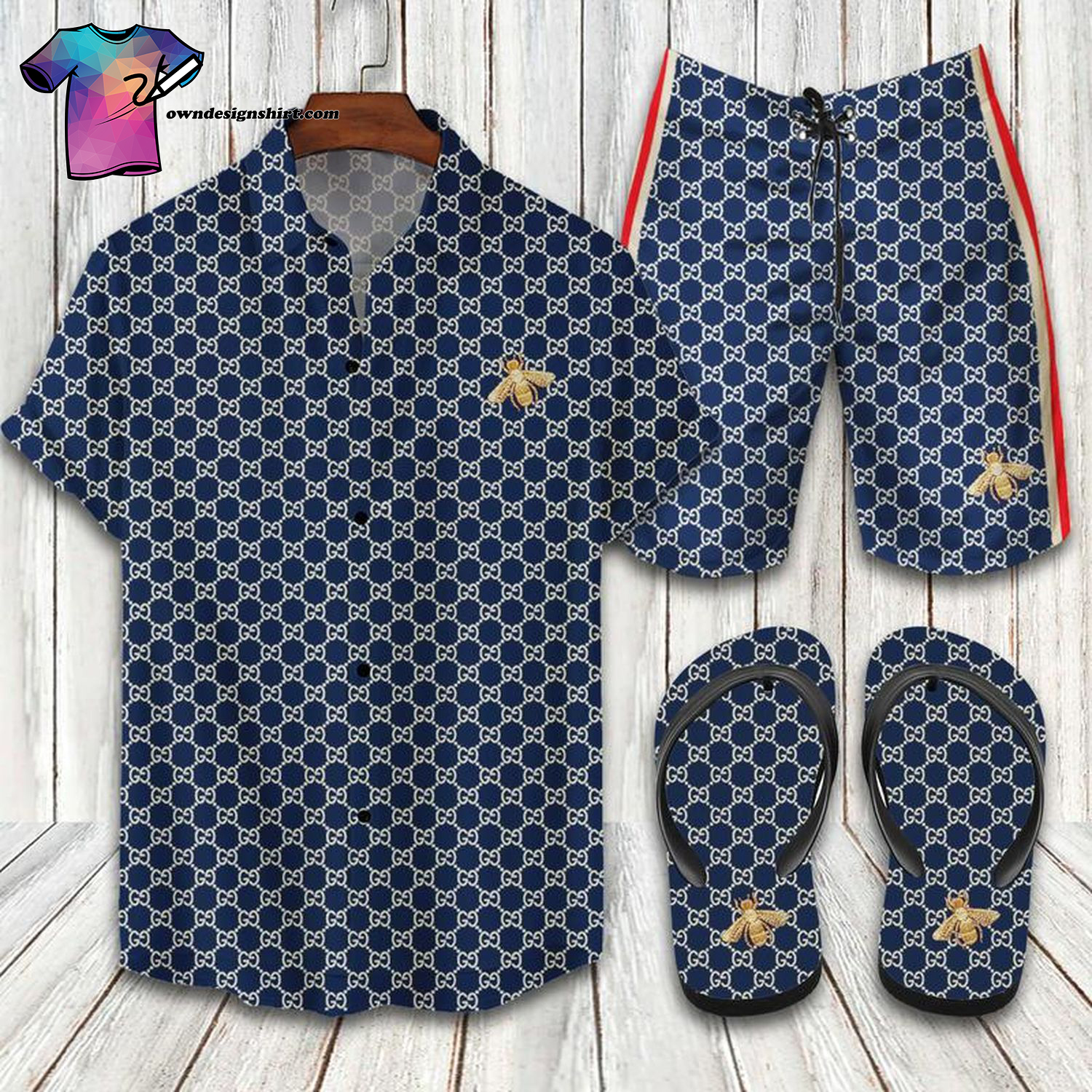 Gucci Bee Navy Logo Full Print Hawaiian Shirt Beach Shorts And Flip Flops Gucci Bee Navy Logo Full Print Hawaiian Shirt Beach Shorts And Flip Flops