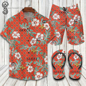 Gucci Bee And Flower All Over Print Hawaiian Shirt Beach Shorts And Flip Flops