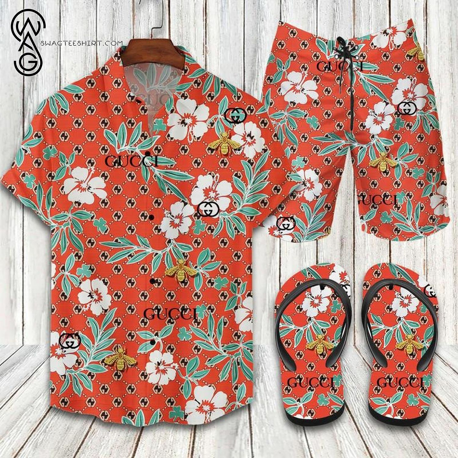 Gucci Bee And Flower All Over Print Hawaiian Shirt Beach Shorts And Flip Flops Gucci Bee And Flower All Over Print Hawaiian Shirt Beach Shorts And Flip Flops
