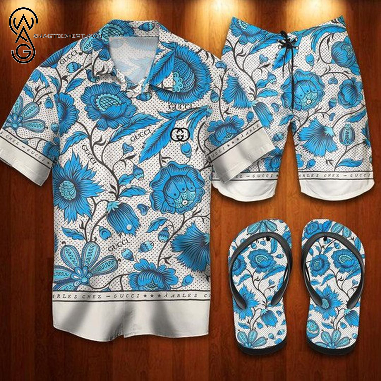 Gucci Blue Flower All Over Print Hawaiian Shirt Beach Shorts And Flip Flops Gucci Blue Flower All Over Print Hawaiian Shirt Beach Shorts And Flip Flops