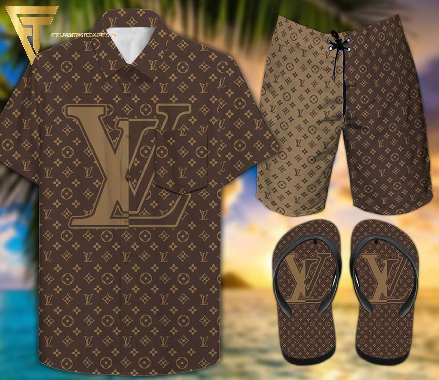 Gucci Brown Logo Hawaiian Shirt Beach Shorts And Flip Flops Gucci Brown Logo Hawaiian Shirt Beach Shorts And Flip Flops