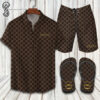 Gucci Brown Symbol All Over Print Hawaiian Shirt Beach Shorts And Flip Flops