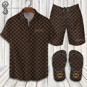 Gucci Brown Symbol All Over Print Hawaiian Shirt Beach Shorts And Flip Flops