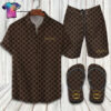 Gucci Brown With Gold Logo Full Print Hawaiian Shirt Beach Shorts And Flip Flops