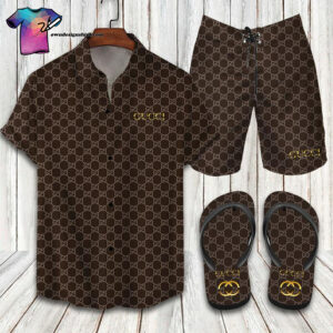 Gucci Brown With Gold Logo Full Print Hawaiian Shirt Beach Shorts And Flip Flops