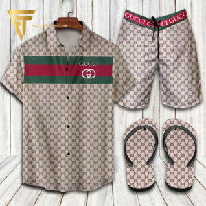 Gucci Classic Logo Hawaiian Shirt Beach Shorts And Flip Flops