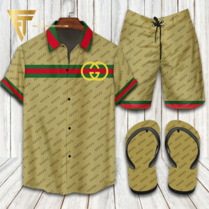 Gucci Classic Striped Hawaiian Shirt Beach Shorts And Flip Flops