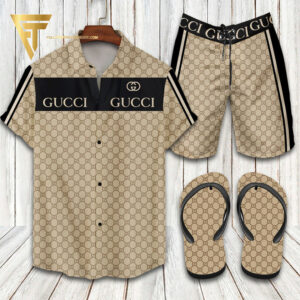 Gucci Cream Black Logo Hawaiian Shirt Beach Shorts And Flip Flops