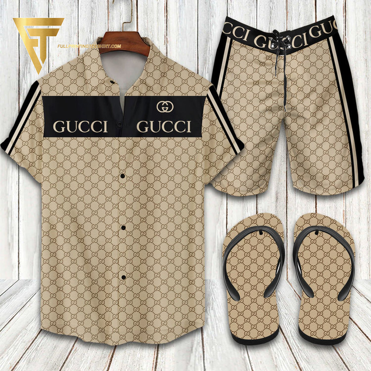 Gucci Cream Black Logo Hawaiian Shirt Beach Shorts And Flip Flops Gucci Cream Black Logo Hawaiian Shirt Beach Shorts And Flip Flops