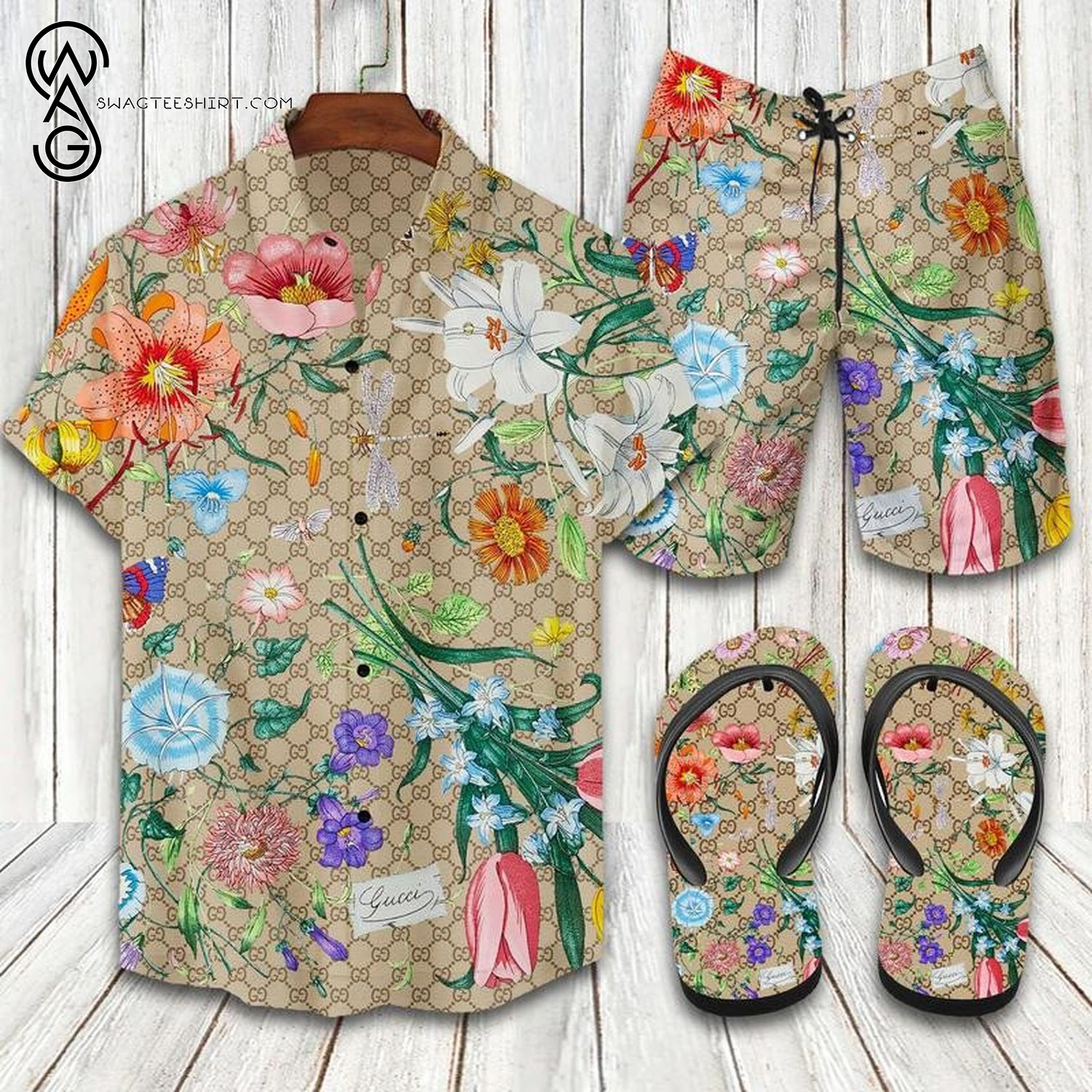 Gucci Floral All Over Print Hawaiian Shirt Beach Shorts And Flip Flops Gucci Floral All Over Print Hawaiian Shirt Beach Shorts And Flip Flops