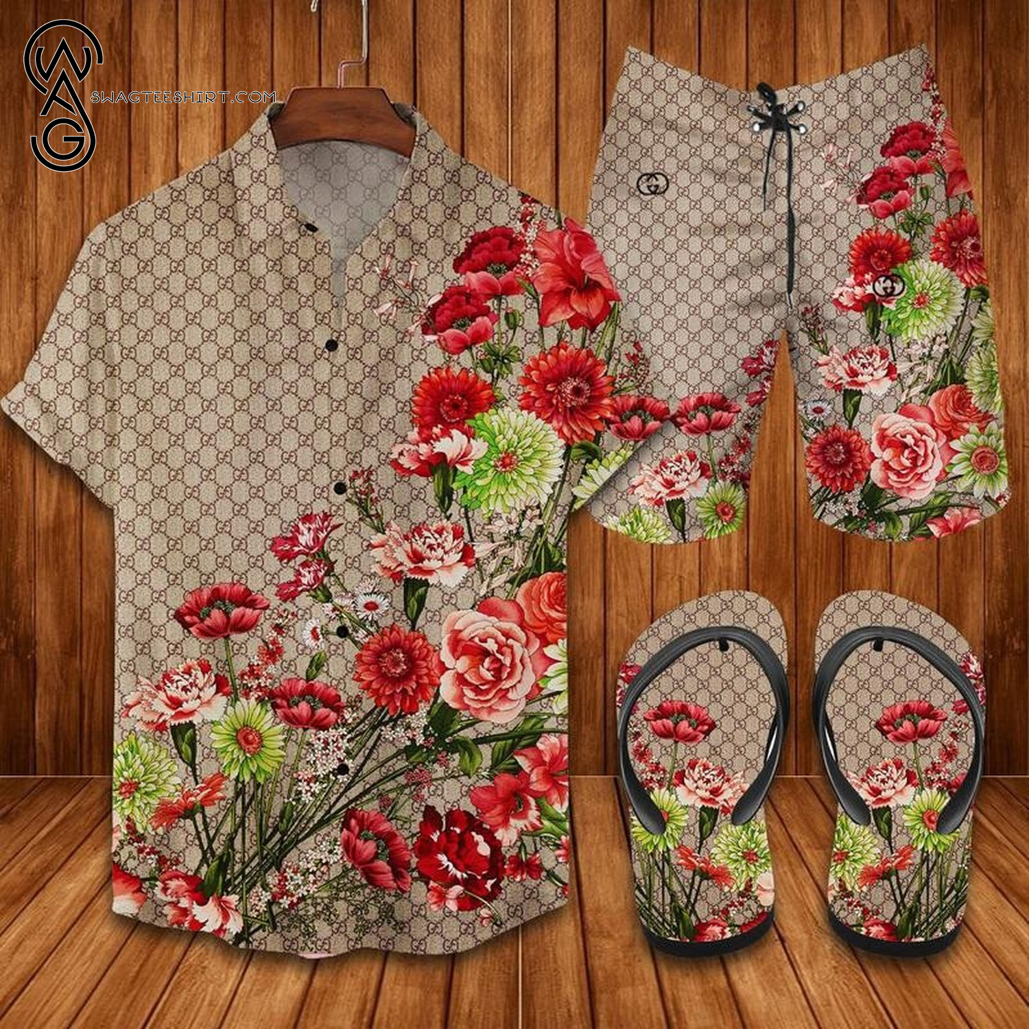 Gucci Floral Version All Over Print Hawaiian Shirt Beach Shorts And Flip Flops Gucci Floral Version All Over Print Hawaiian Shirt Beach Shorts And Flip Flops