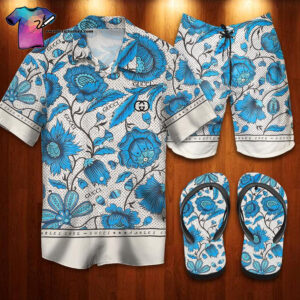 Gucci Flower Blue Full Print Hawaiian Shirt Beach Shorts And Flip Flops