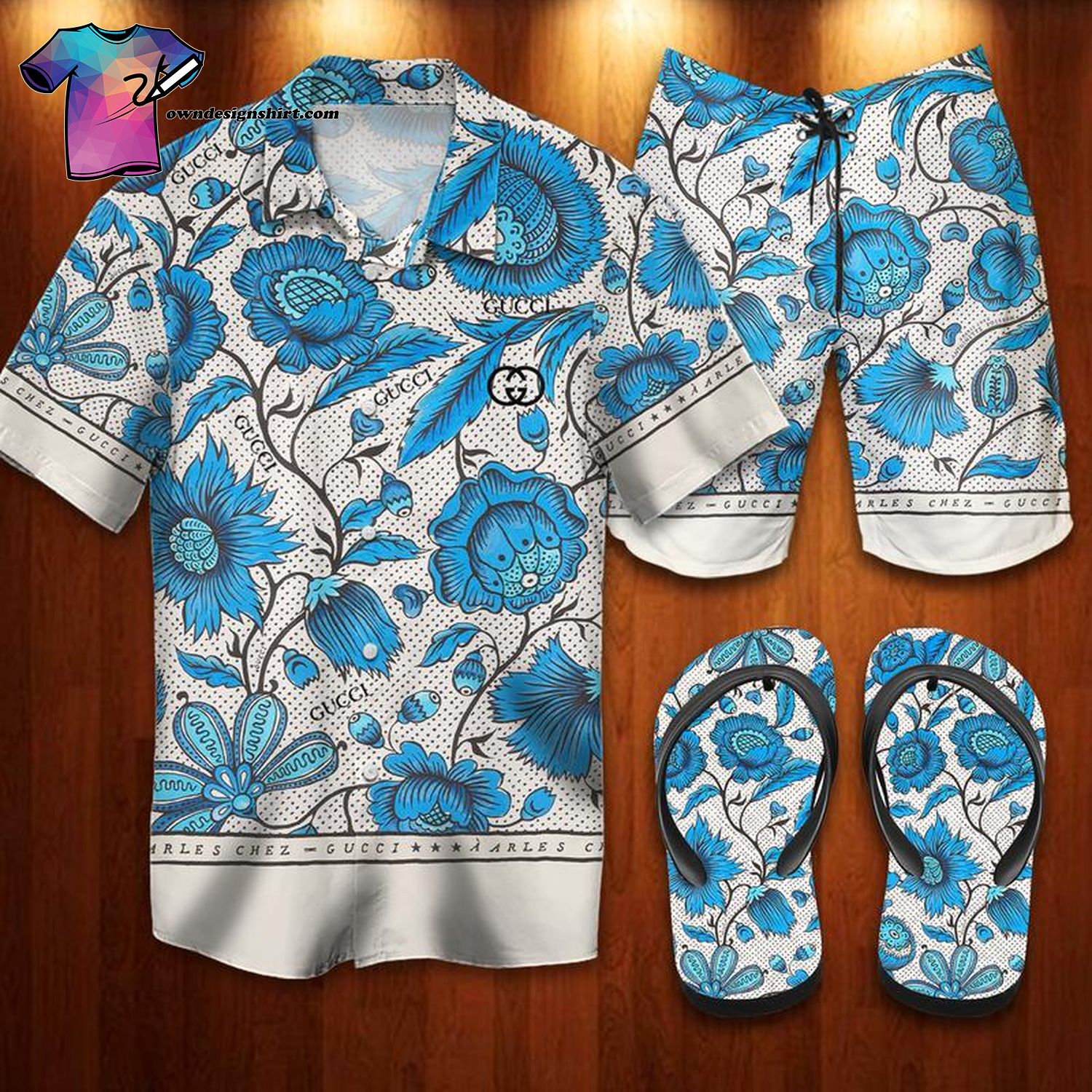 Gucci Flower Blue Full Print Hawaiian Shirt Beach Shorts And Flip Flops Gucci Flower Blue Full Print Hawaiian Shirt Beach Shorts And Flip Flops
