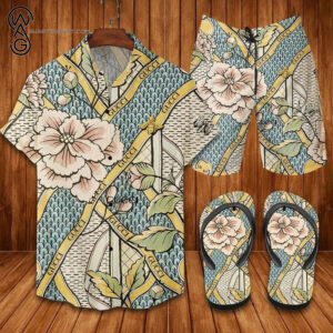 Gucci Flower Version All Over Print Hawaiian Shirt Beach Shorts And Flip Flops