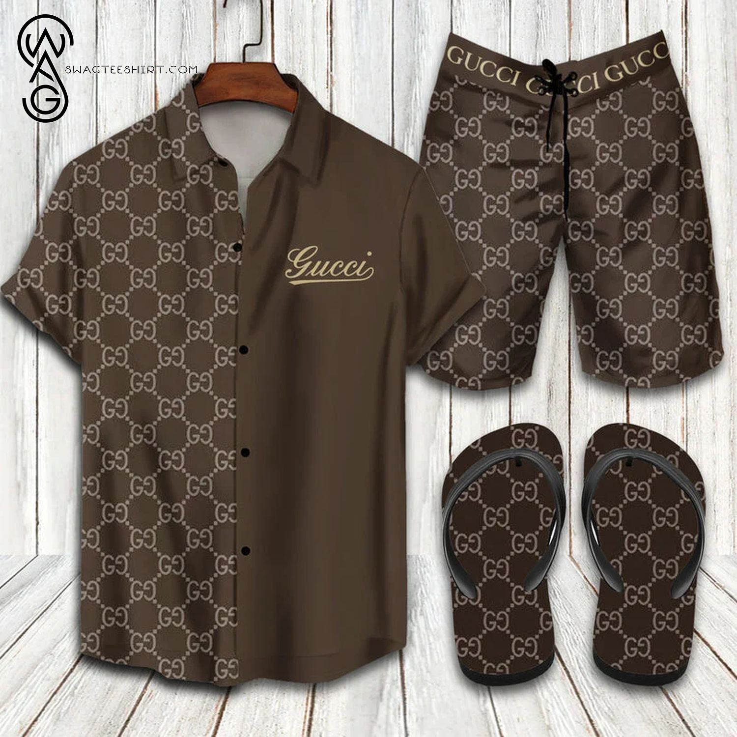 Gucci Gold Classic Logo All Over Print Hawaiian Shirt Beach Shorts And Flip Flops Gucci Gold Classic Logo All Over Print Hawaiian Shirt Beach Shorts And Flip Flops