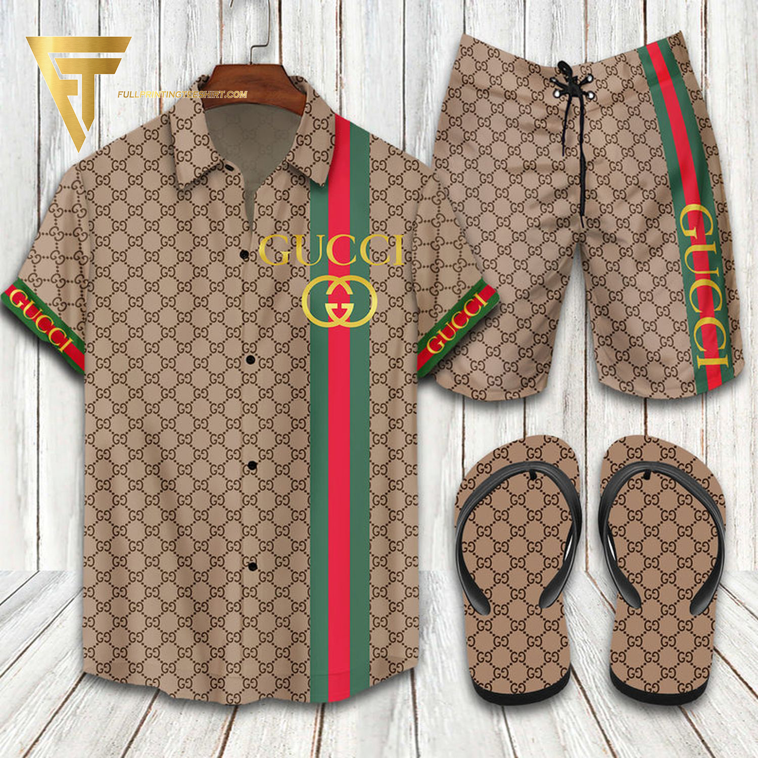 Gucci Gold Monogram Hawaiian Shirt Beach Shorts And Flip Flops Gucci Gold Monogram Hawaiian Shirt Beach Shorts And Flip Flops