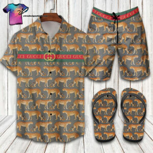 Gucci Leopard Logo Full Print Hawaiian Shirt Beach Shorts And Flip Flops