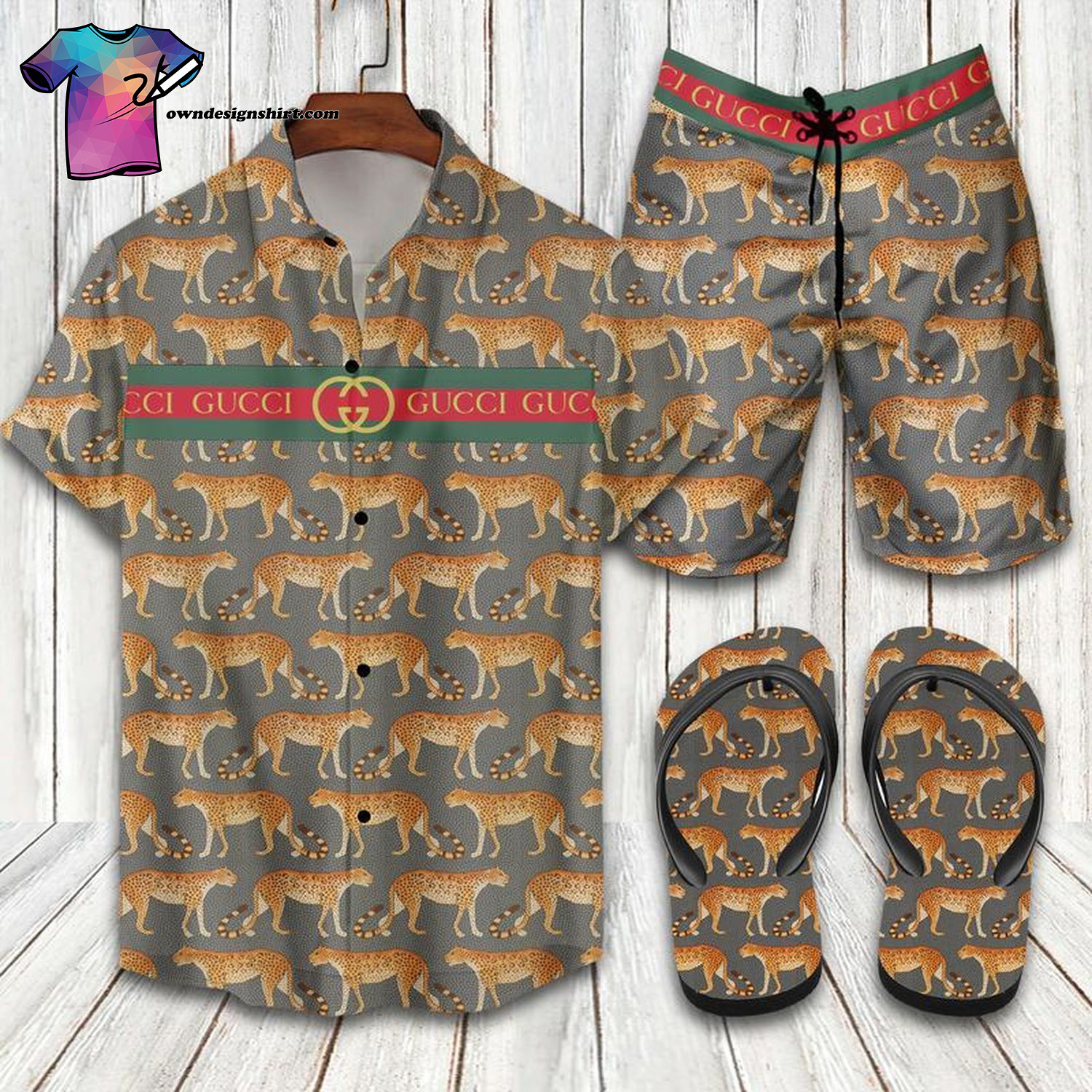 Gucci Leopard Logo Full Print Hawaiian Shirt Beach Shorts And Flip Flops Gucci Leopard Logo Full Print Hawaiian Shirt Beach Shorts And Flip Flops