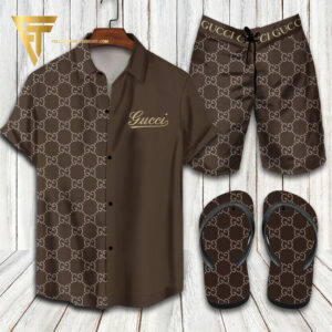 Gucci Light Brown Classic Version Hawaiian Shirt Beach Shorts And Flip Flops