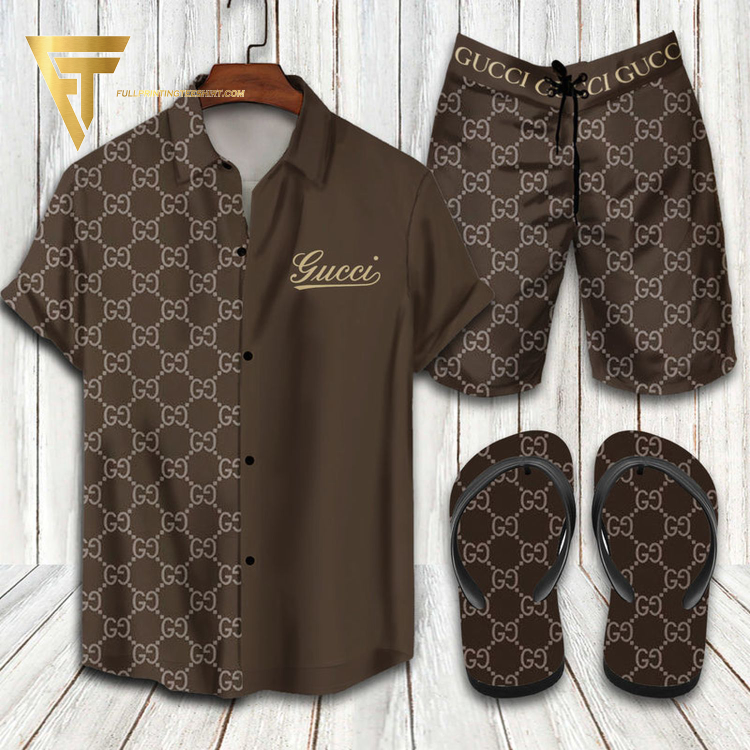 Gucci Light Brown Classic Version Hawaiian Shirt Beach Shorts And Flip Flops Gucci Light Brown Classic Version Hawaiian Shirt Beach Shorts And Flip Flops