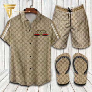 Gucci Light Brown Logo Hawaiian Shirt Beach Shorts And Flip Flops