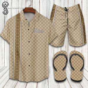 Gucci Logo All Over Print Hawaiian Shirt Beach Shorts And Flip Flops