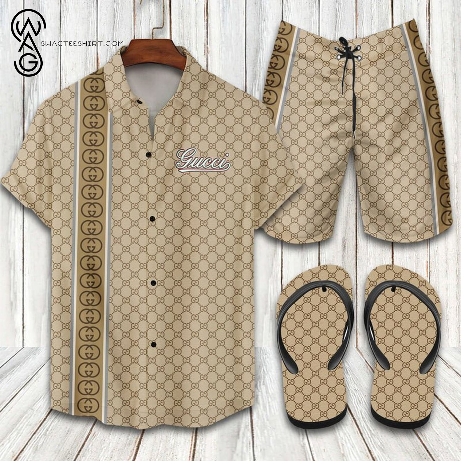Gucci Logo All Over Print Hawaiian Shirt Beach Shorts And Flip Flops Gucci Logo All Over Print Hawaiian Shirt Beach Shorts And Flip Flops