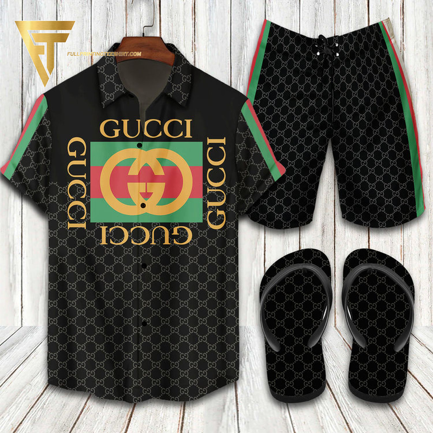 Gucci Logo Black Version Hawaiian Shirt Beach Shorts And Flip Flops Gucci Logo Black Version Hawaiian Shirt Beach Shorts And Flip Flops