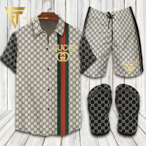 Gucci Logo Black White Version Hawaiian Shirt Beach Shorts And Flip Flops