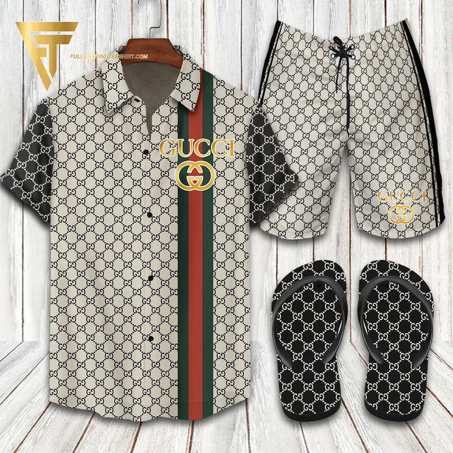 Gucci Logo Black White Version Hawaiian Shirt Beach Shorts And Flip Flops Gucci Logo Black White Version Hawaiian Shirt Beach Shorts And Flip Flops