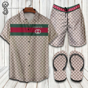 Gucci Logo Classic All Over Print Hawaiian Shirt Beach Shorts And Flip Flops