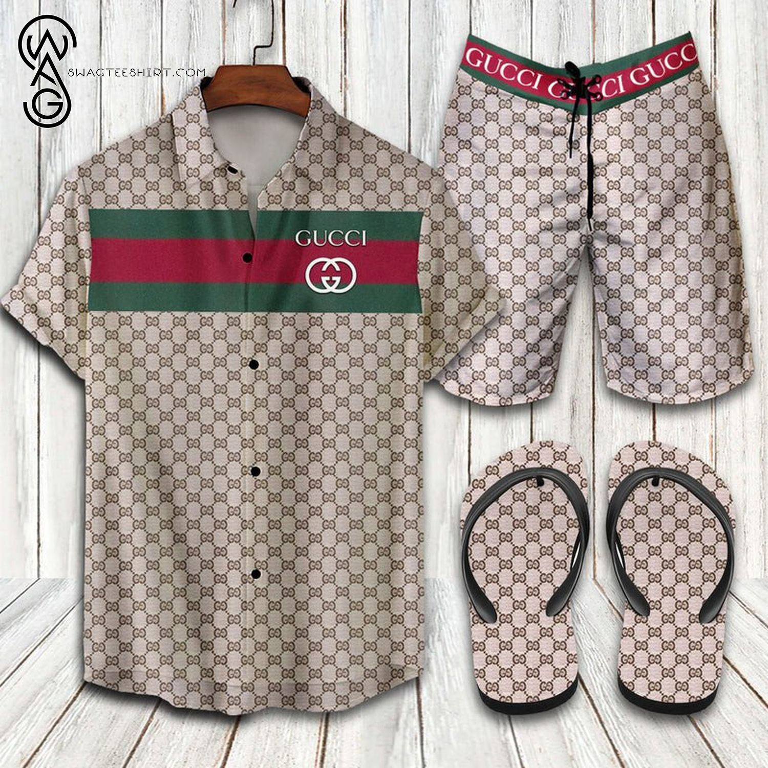Gucci Logo Classic All Over Print Hawaiian Shirt Beach Shorts And Flip Flops Gucci Logo Classic All Over Print Hawaiian Shirt Beach Shorts And Flip Flops