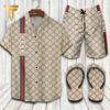 Gucci Logo Classic Striped Hawaiian Shirt Beach Shorts And Flip Flops