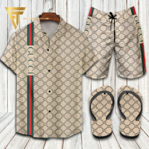 Gucci Logo Classic Striped Hawaiian Shirt Beach Shorts And Flip Flops