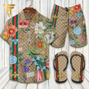 Gucci Logo Floral Version Hawaiian Shirt Beach Shorts And Flip Flops
