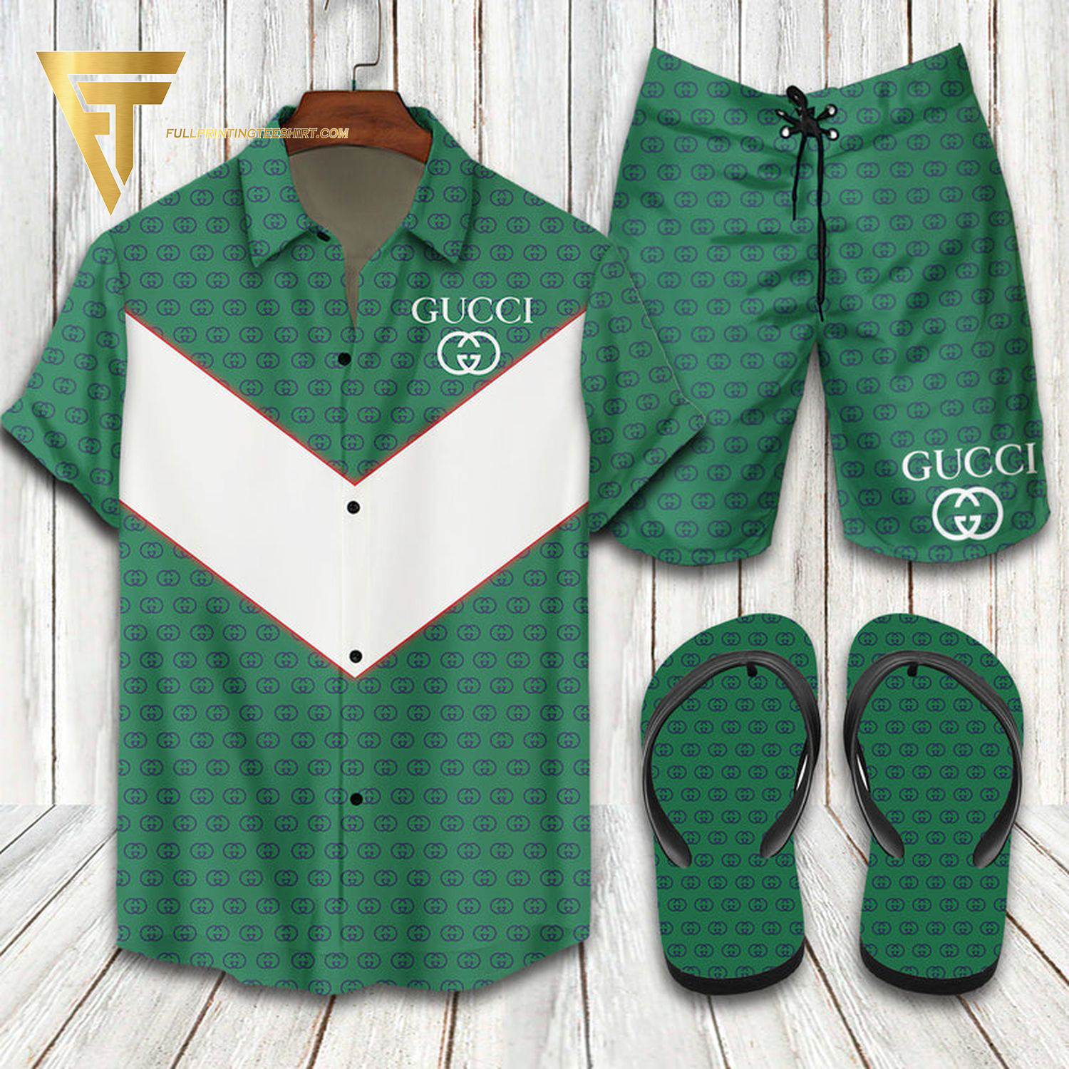 Gucci Logo Green White Hawaiian Shirt Beach Shorts And Flip Flops Gucci Logo Green White Hawaiian Shirt Beach Shorts And Flip Flops