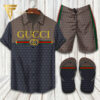 Gucci Logo Navy Brown Hawaiian Shirt Beach Shorts And Flip Flops