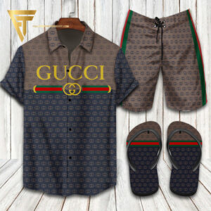 Gucci Logo Navy Brown Hawaiian Shirt Beach Shorts And Flip Flops