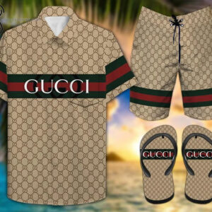 Gucci Monogram All Over Print Hawaiian Shirt Beach Shorts And Flip Flops