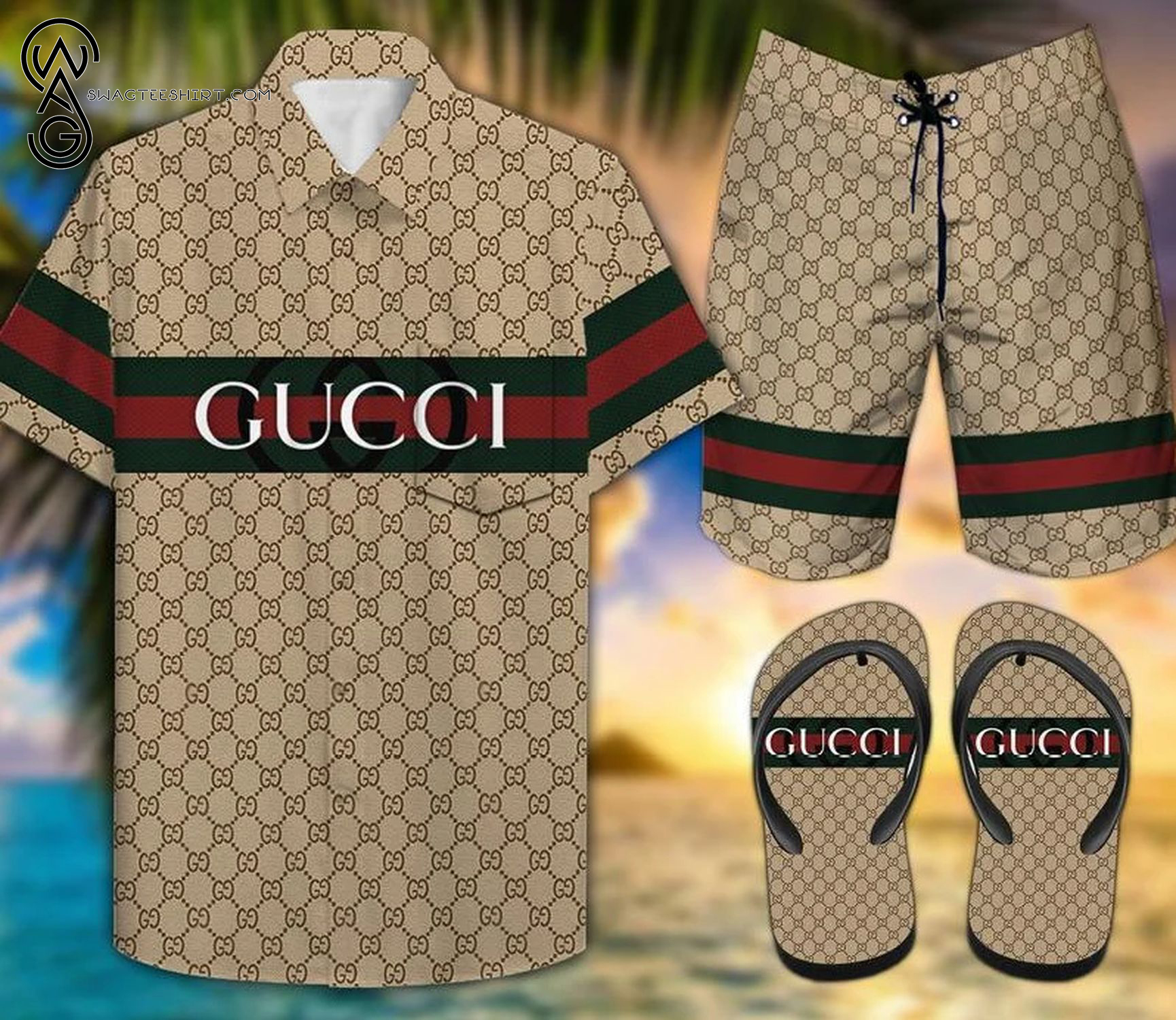 Gucci Monogram All Over Print Hawaiian Shirt Beach Shorts And Flip Flops Gucci Monogram All Over Print Hawaiian Shirt Beach Shorts And Flip Flops