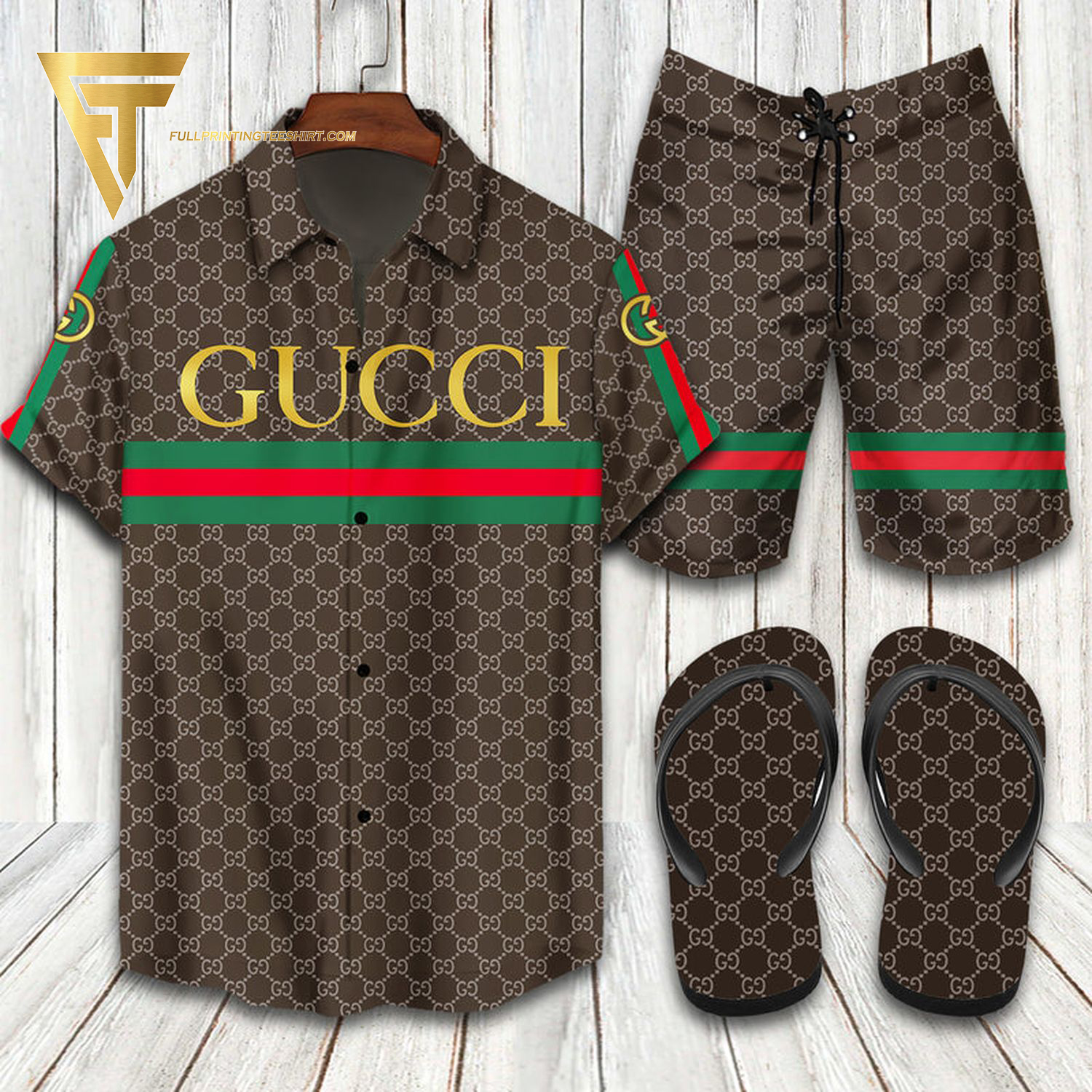 Gucci Monogram Brown Hawaiian Shirt Beach Shorts And Flip Flops Gucci Monogram Brown Hawaiian Shirt Beach Shorts And Flip Flops