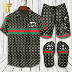 Gucci Monogram Classic Hawaiian Shirt Beach Shorts And Flip Flops